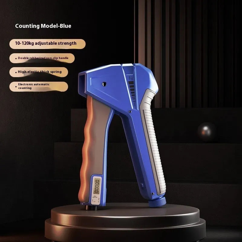 Adjustable hand grip strengthener with mechanical resistance counter showing 5-60kg range