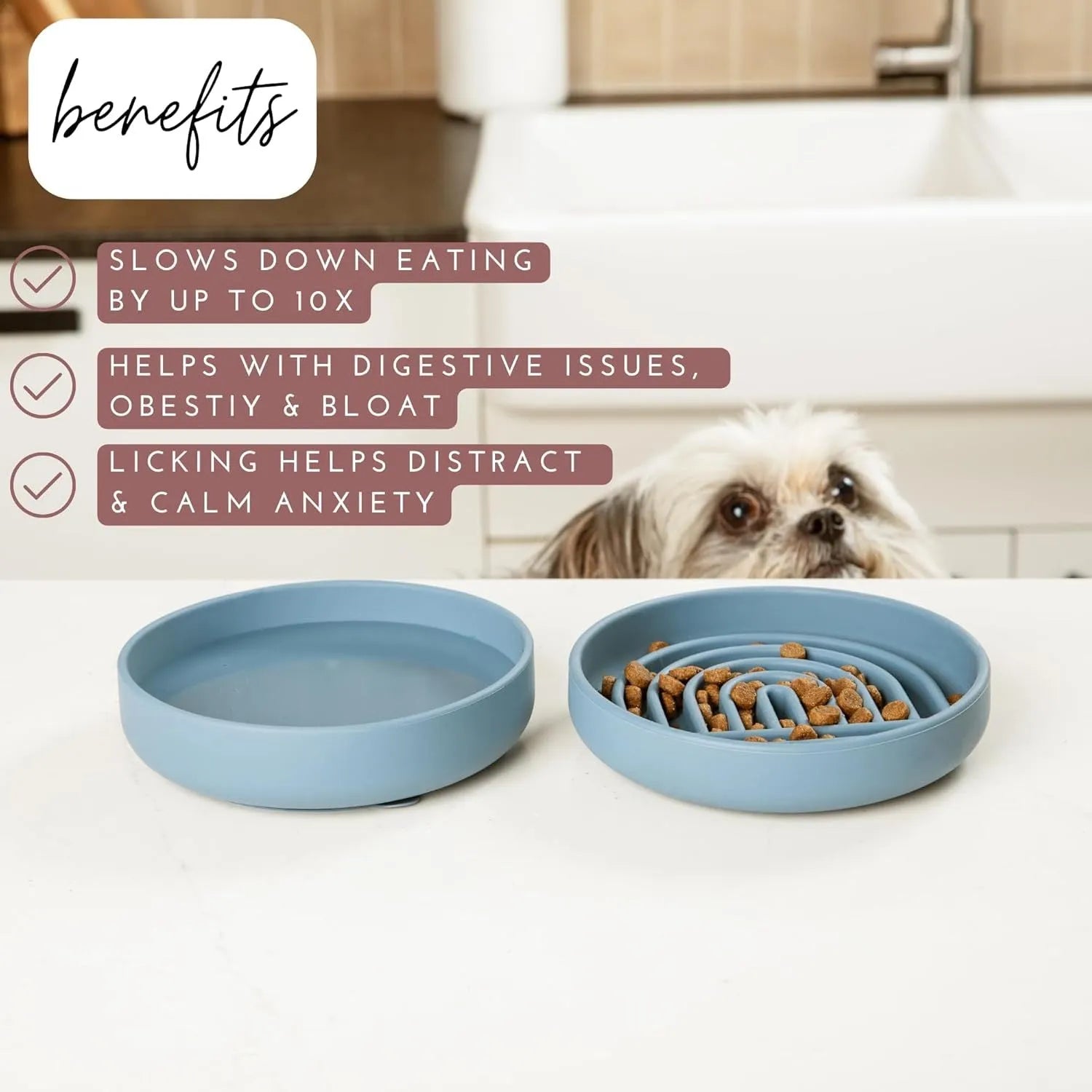 Silicone slow feeder dog bowl with textured ridges, shown in beige colour