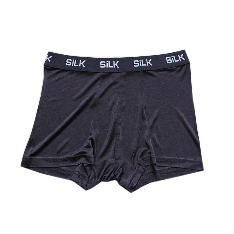Men's loose fit silk shorts in navy blue with mid-waist design