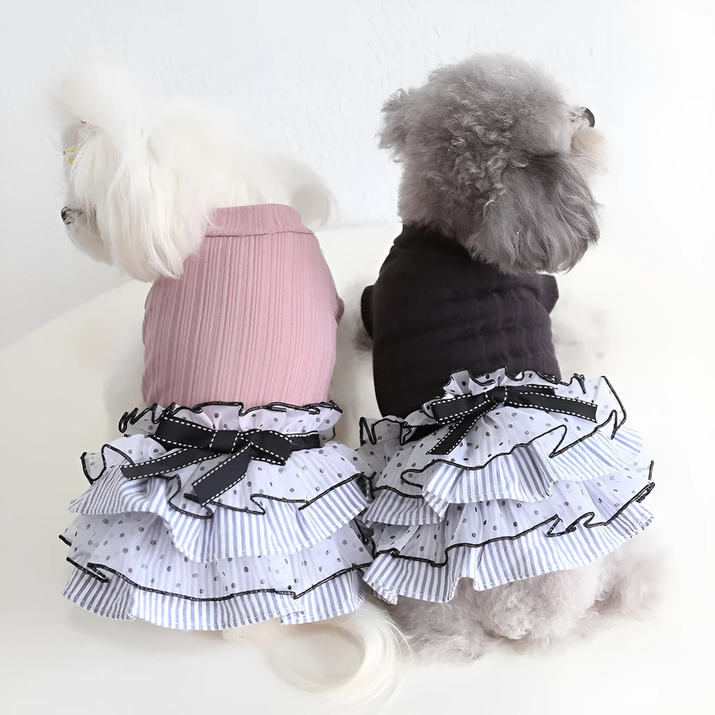 Polka dot lace princess cake dress for a small dog, shown in taro purple colour.