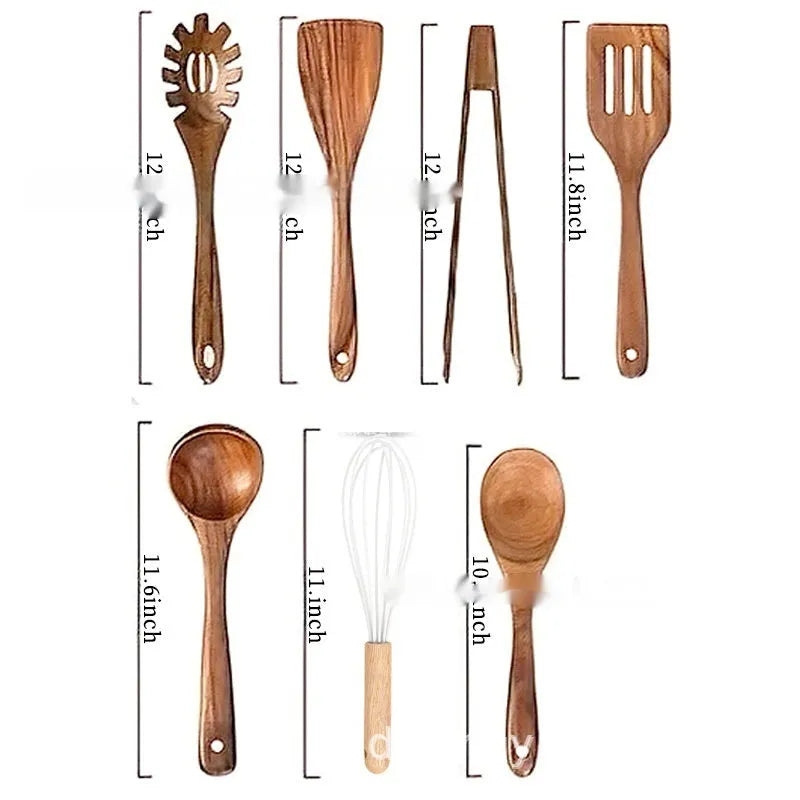 A set of seven wooden kitchen utensils including a spoon, a spatula, and several soup spoons laid out together.
