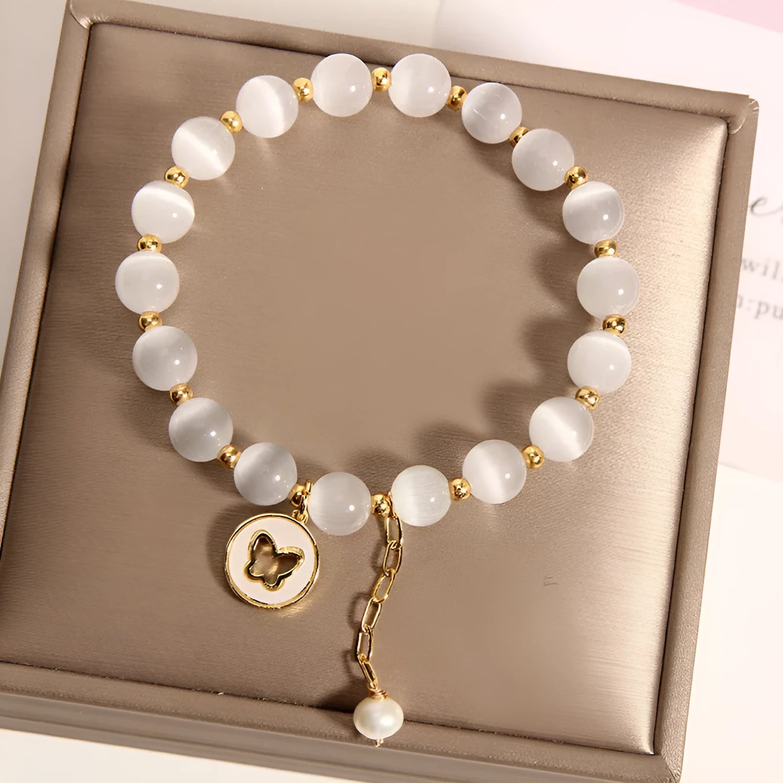 White crystal cat's eye bracelet with geometric Korean-style design for women