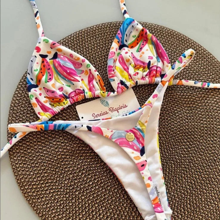 Split bikini set in high-waist Brazilian style, nylon and polyester, available in multiple colours and sizes S M L