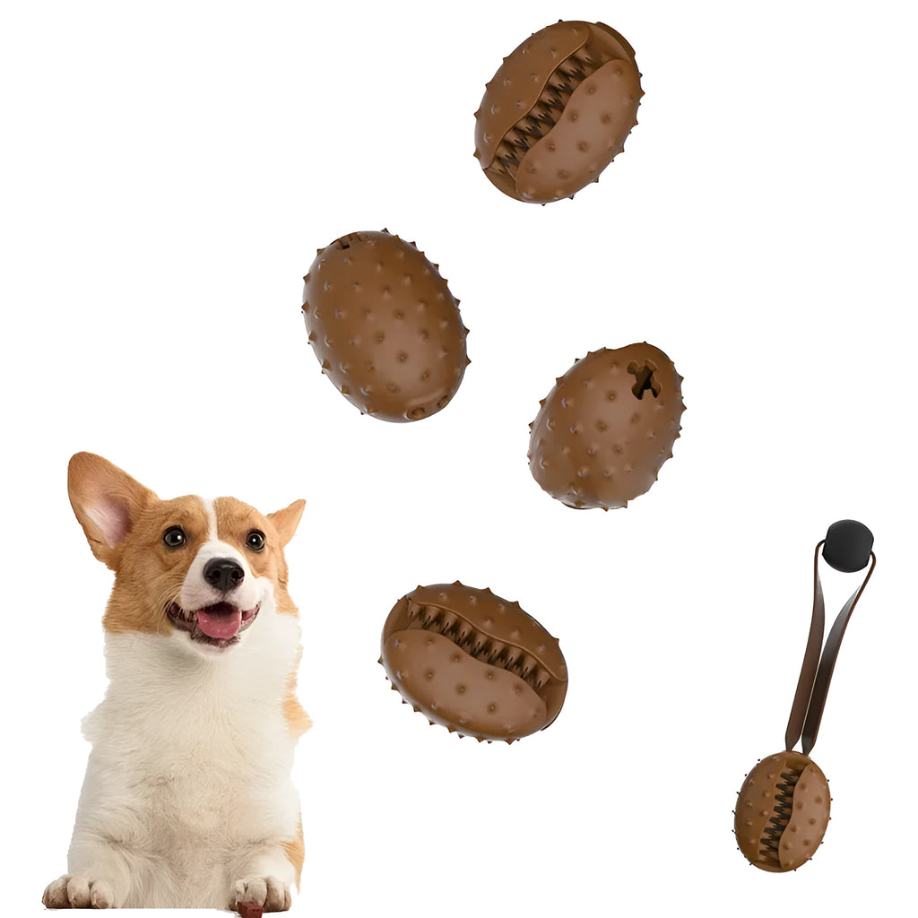 Coffee coloured, bean-shaped TPR dog chew toy with rope knots and a treat-holding cavity.