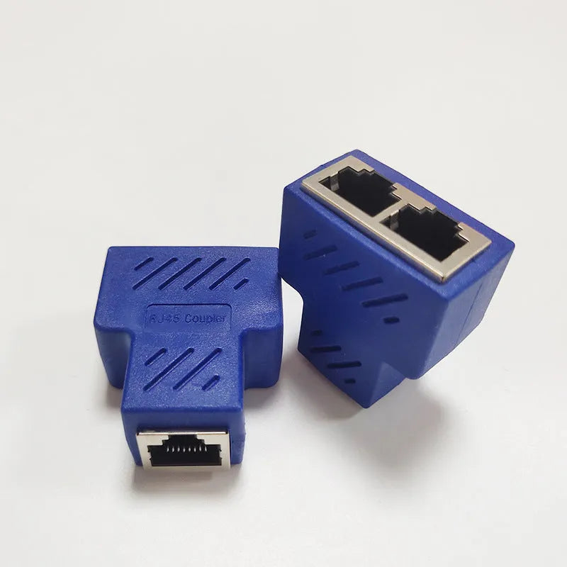 RJ45 network cable splitter tee adapter showing one male plug and two female ports in black plastic housing.