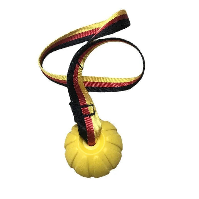 EVA floating knot ball for dog water training in camouflage and yellow colours with tether attachment