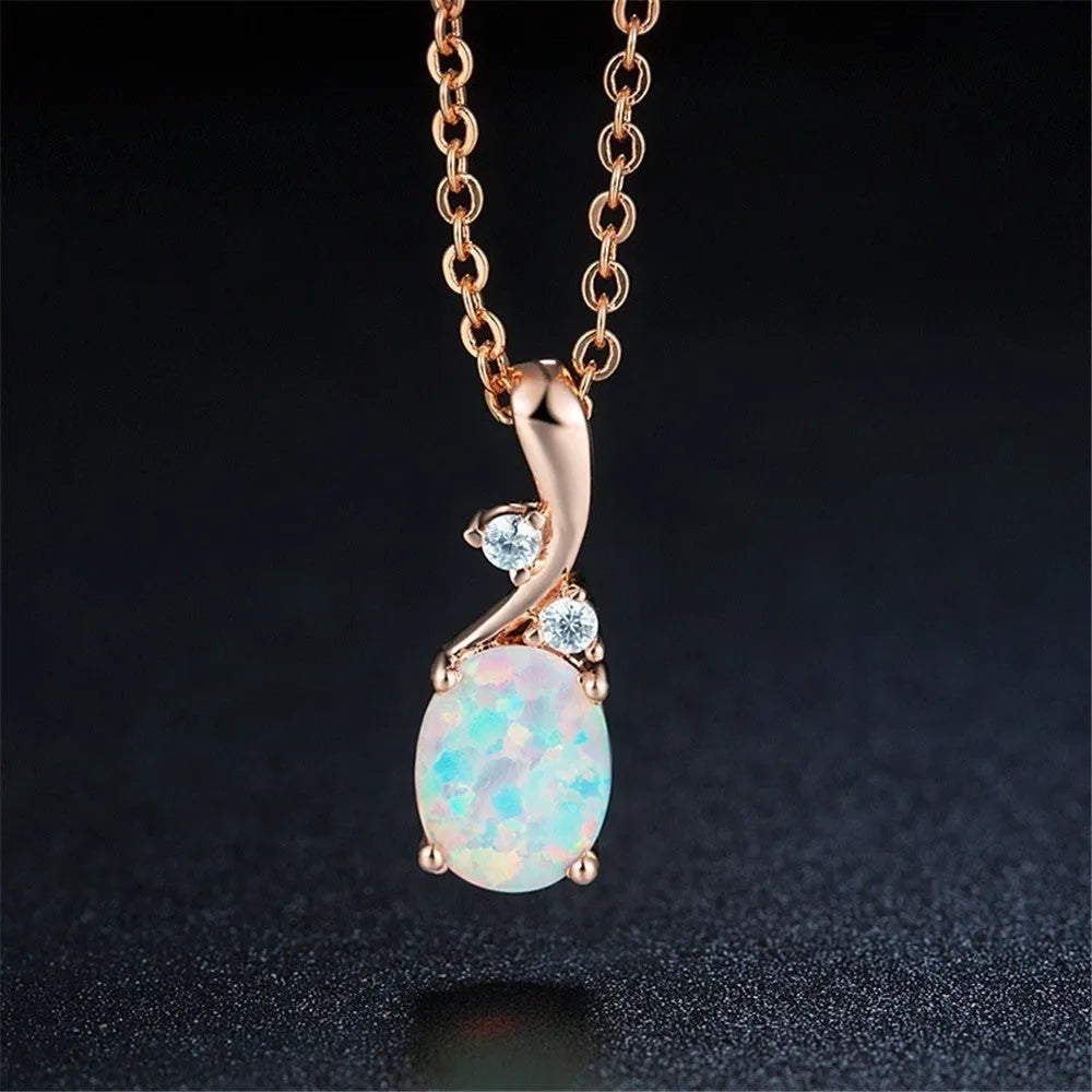 Water drop opal pendant necklace on adjustable O-chain in rose gold or white colour