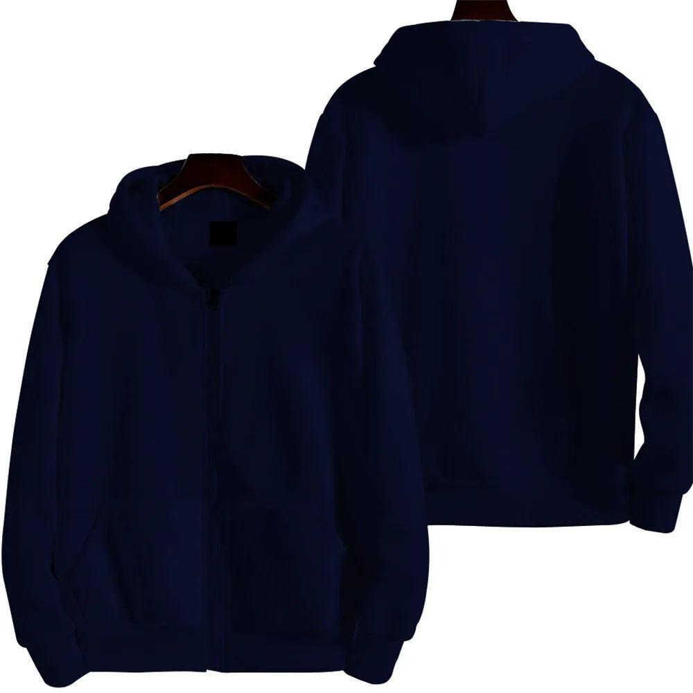 Men's loose fitting solid colour zip-front sports jacket cardigan on a hanger