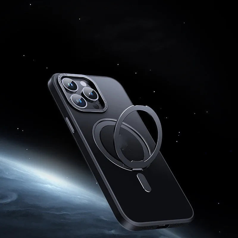 Transparent iPhone case with a built-in fulcrum kickstand and magnetic back, shown in black, grey, purple, and clear colours.