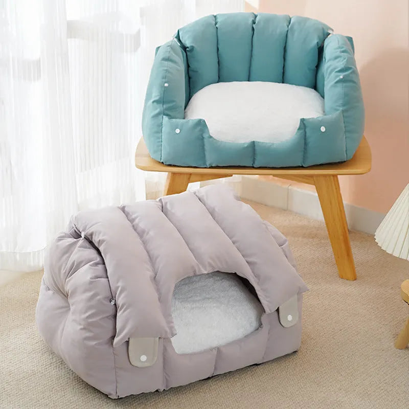 Grey dual-purpose arched cat nest shown as both an enclosed pet bed and an open sofa-style bed.