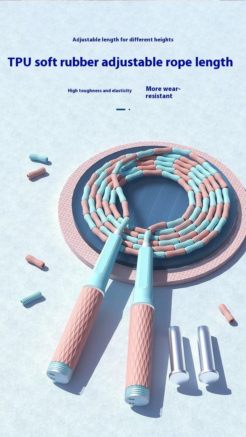Children's skipping rope with soft bamboo beads in blue, green, pink, or purple colours