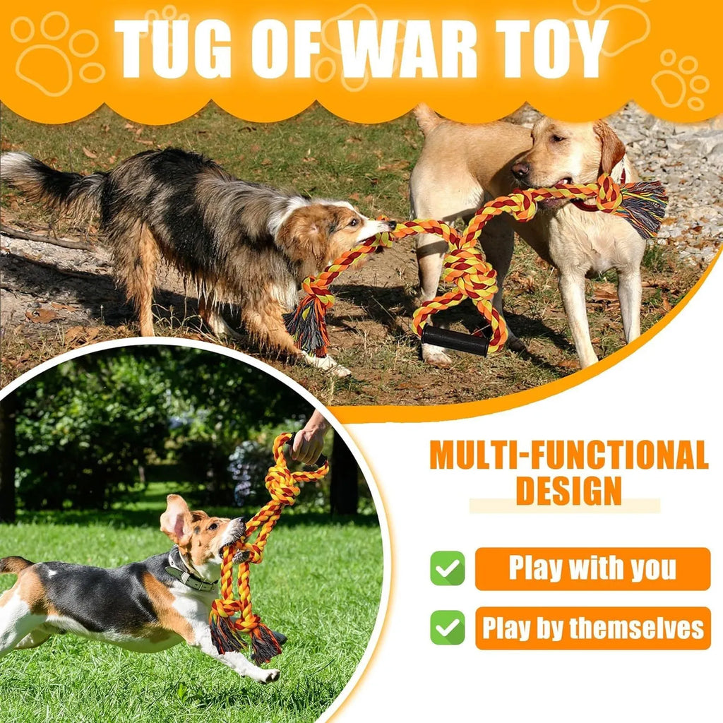 Blue and yellow dog rope toy with ergonomic handle for large breed aggressive chewers
