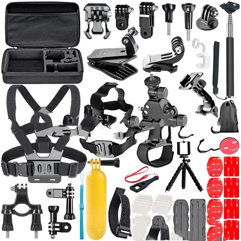 Black GoPro accessories set with chest strap, helmet mount, and tripod for Hero cameras