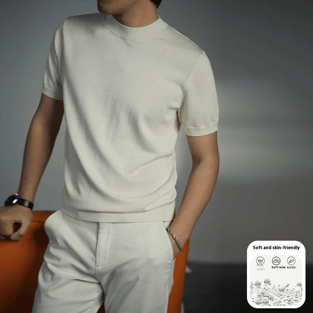 Men's solid colour knitted t-shirt with round neck and short sleeves on a hanger.