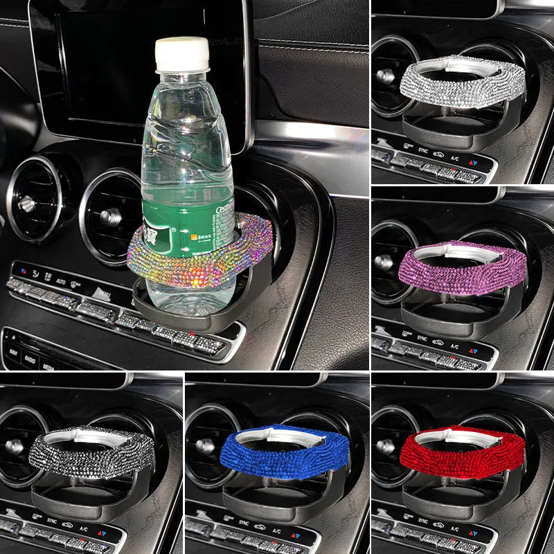 White rhinestone-encrusted car cup holder clipped onto a vehicle air vent.