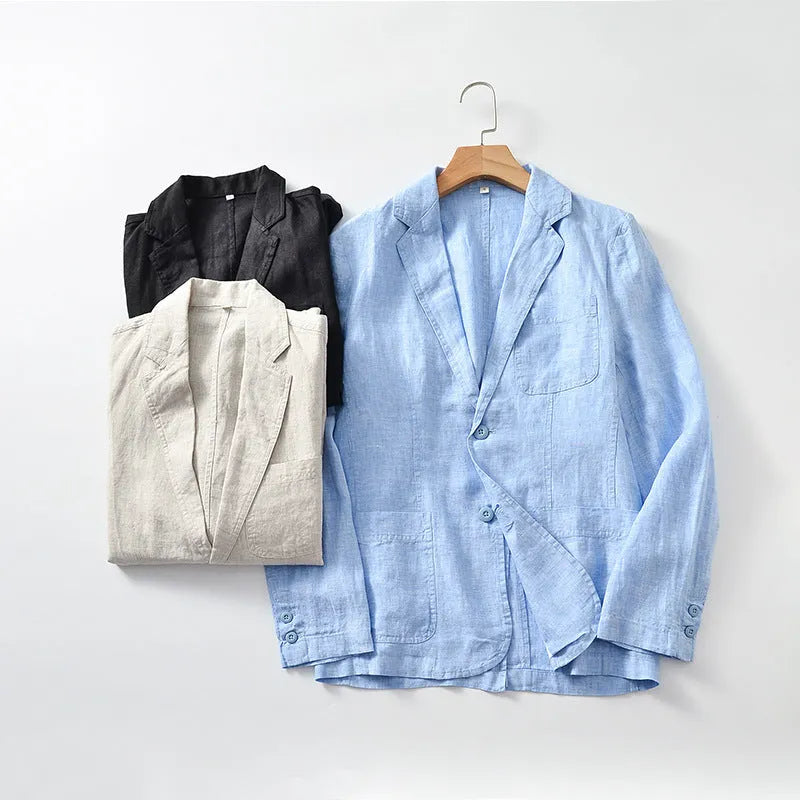 Men's solid colour linen suit coat with stick pocket in light blue