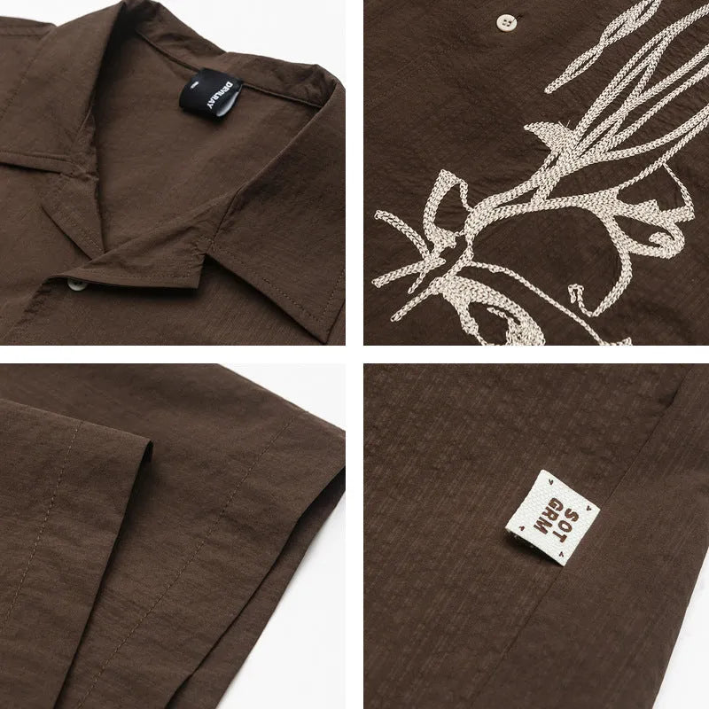 Brown coffee striped waterproof quick-drying short sleeve Cuban collar shirt for outdoor camping