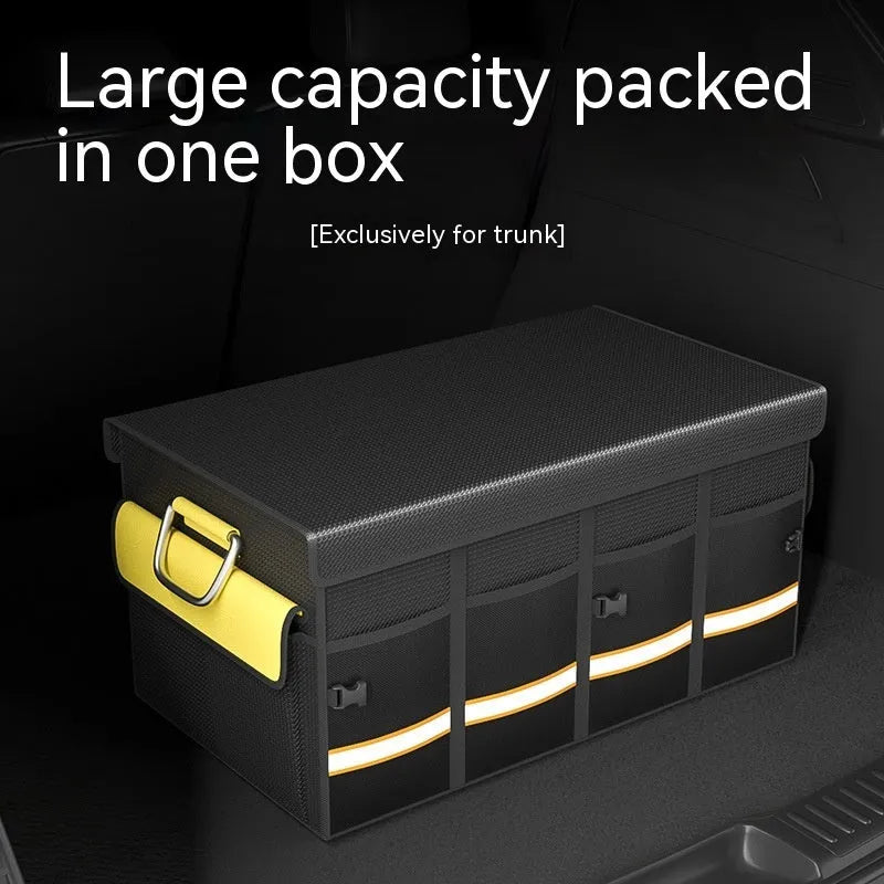 Black and yellow foldable fabric car trunk storage organiser bag with carry handle.
