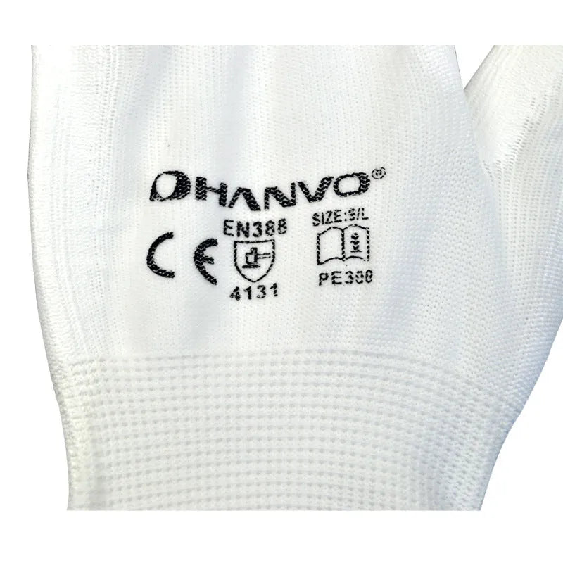 White PU coated labour gloves showing flexible design with extended 24cm length