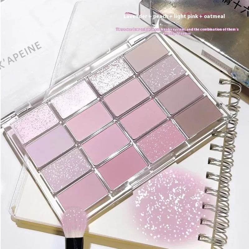 Crouching Silkworm 16-colour eyeshadow palette showing pink and brown shimmer and matte shades