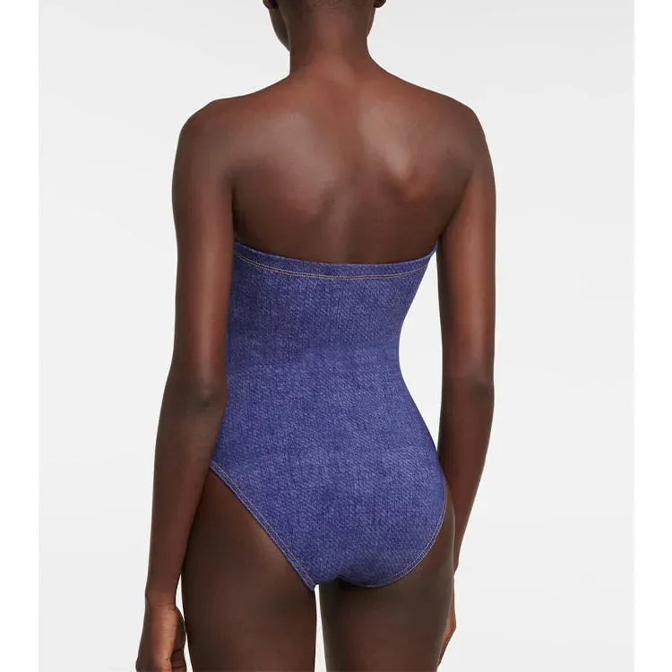 Women's vintage denim one-piece swimsuit with matching skirt beach outfit