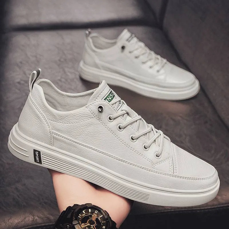 Men's casual flat sole shoes in beige, white, or black with a round toe and shallow opening.