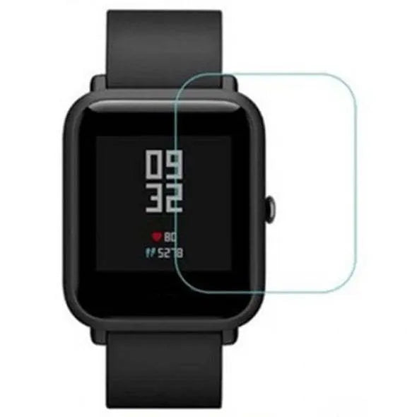 Amazfit Bip smartwatch with clear TPU hydrogel screen protector applied, showing full coverage and easy-tear backing.