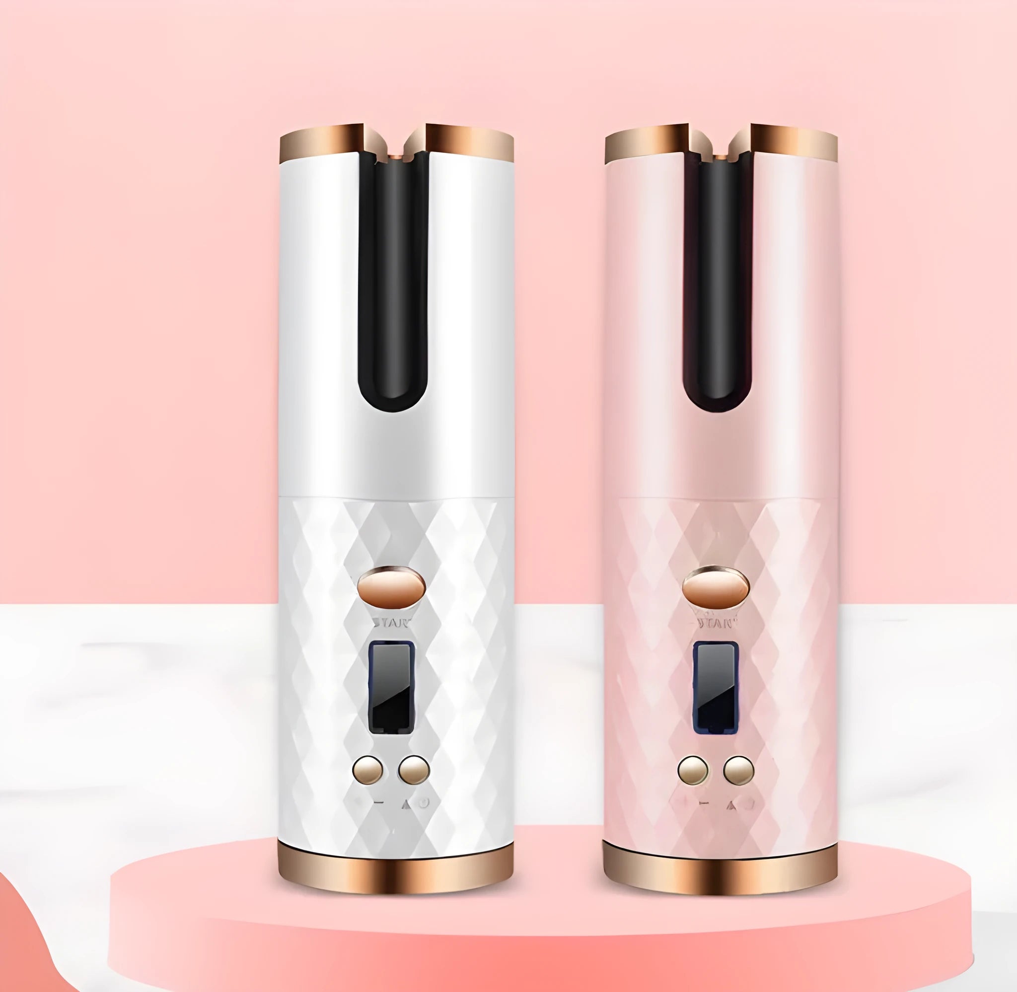 Portable mini curling iron with USB charging cable, gold ceramic barrel, and temperature control settings