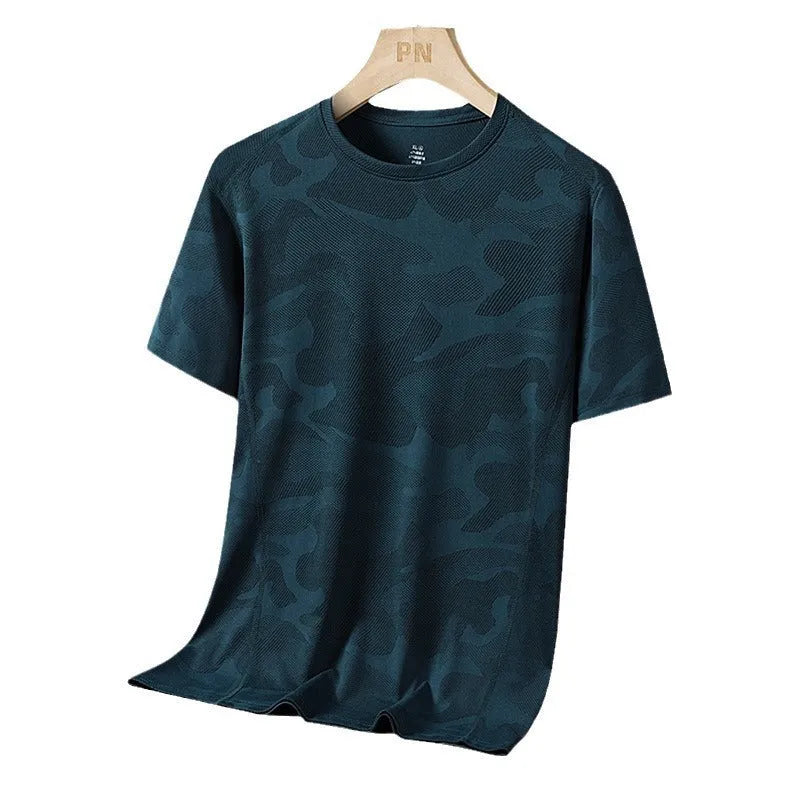 Men's camouflage pattern nylon summer top with short sleeves and round neck in loose fit