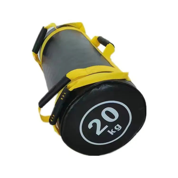 PVC fitness training sandbag in flat white leather finish showing weight specifications from 5kg to 30kg