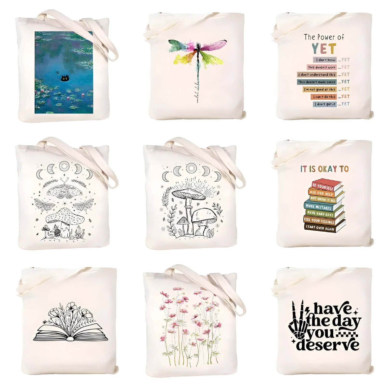 White canvas hand shopping bag with Halloween digital print, 34 by 42 centimetres, on plain background