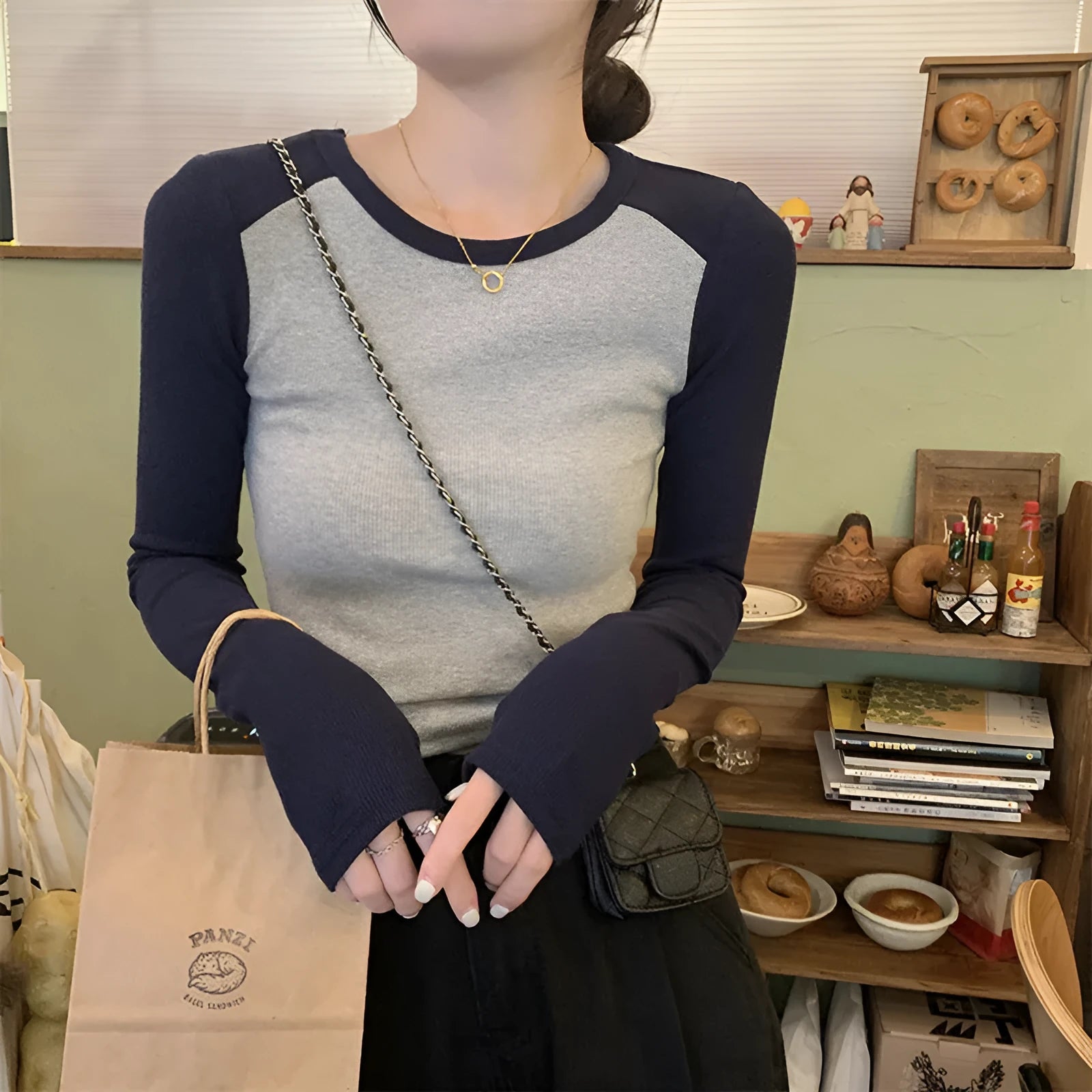 Women's casual viscose top with princess sleeves and embroidery in dark blue, black, or green