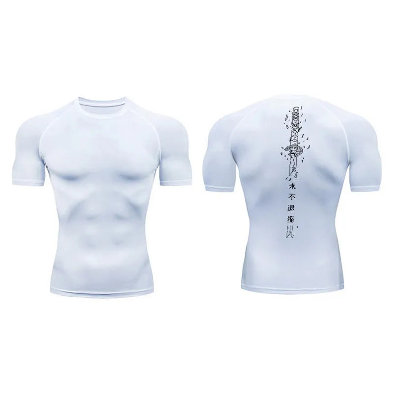 Men's short sleeve compression shirt with a sword print design on the chest.