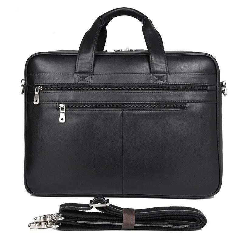 Genuine Nappa leather handbag briefcase for men, solid black, business travel bag