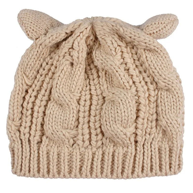 Hand made knitted beanie with 3D cat ears in red wool