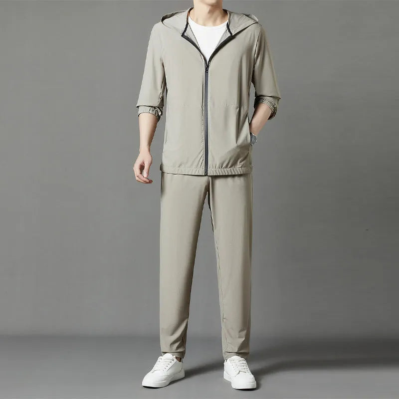 Korean-style loose grey sun-protective hooded suit with trousers for summer leisure wear
