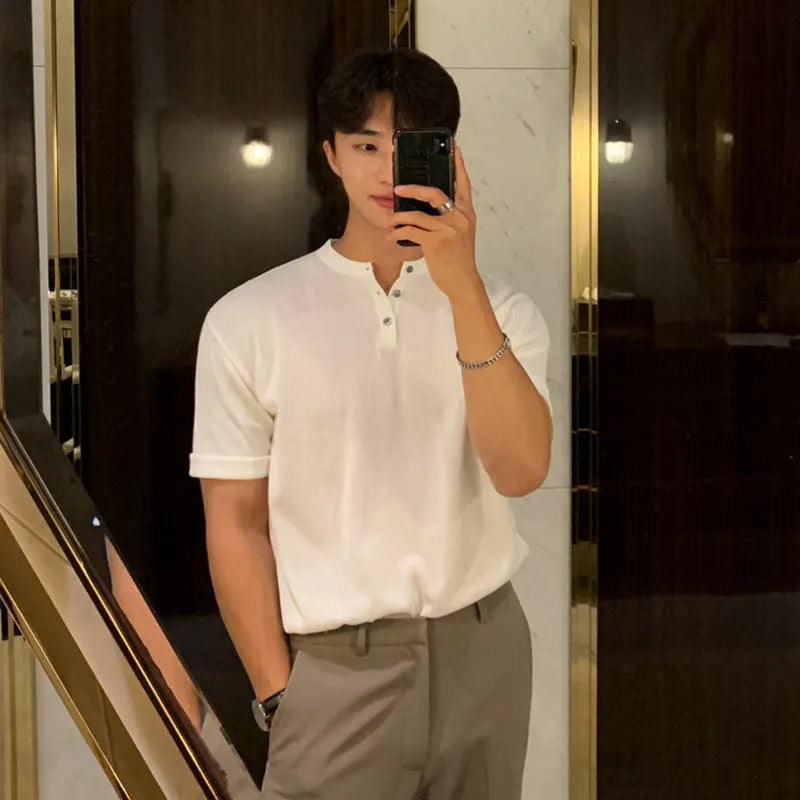 Men's black slim-fit short-sleeved ice silk knitted pullover shirt on a hanger.