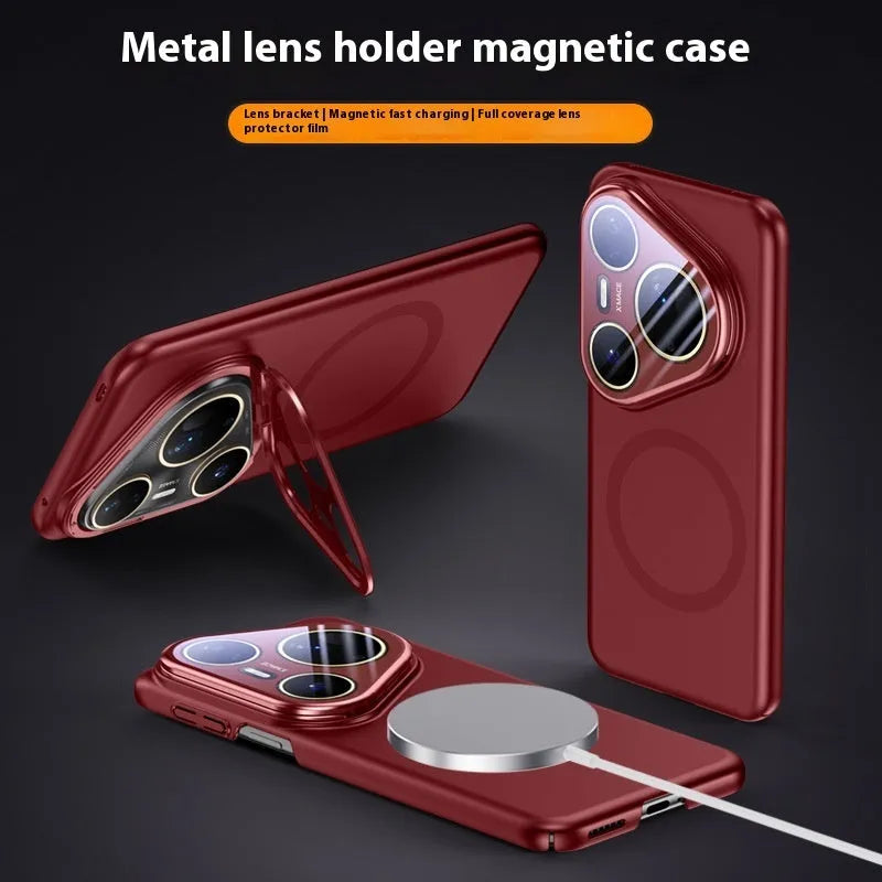Huawei Pura80pro phone case with magnetic lens bracket in black silver bright red colours