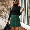 Women's high-waist short polyester skirt with side zipper in black, camel, brick red, or dark green