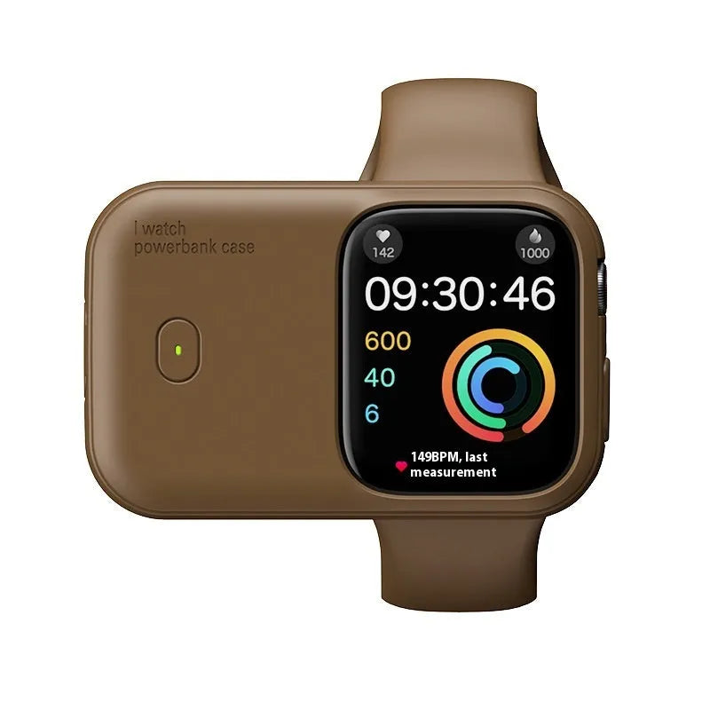 Apple Watch portable wireless power bank charging case with silicone sleeve in brown colour.