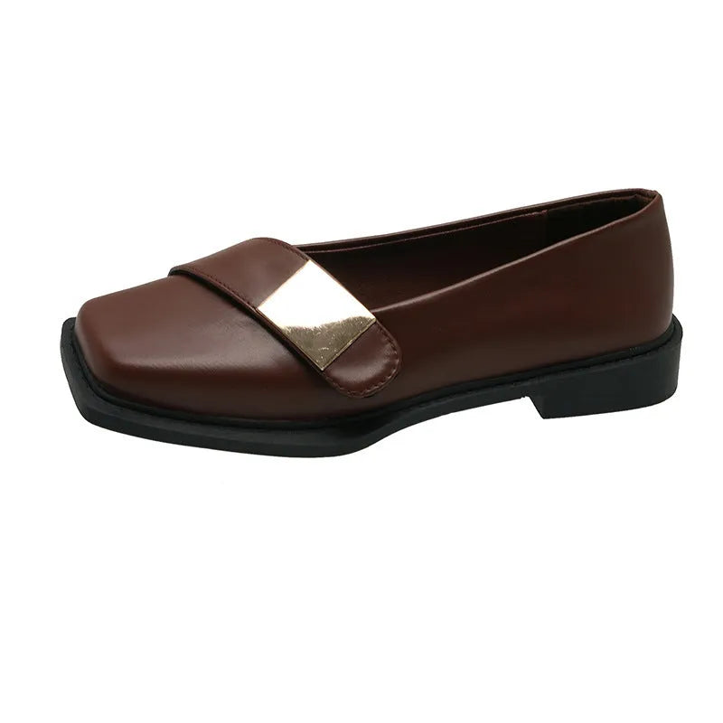 Women's square toe flat shoes with metal buckle in beige, black and brown colours with low 1-3cm heel