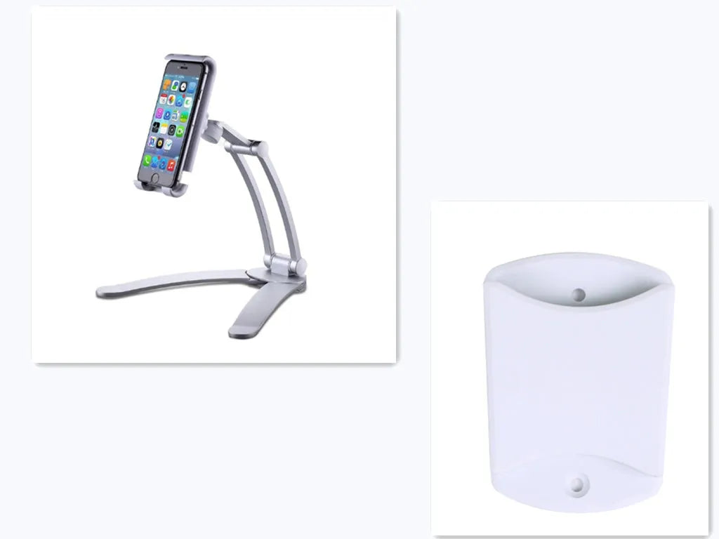 Silver and black aluminium alloy desktop tablet stand with adjustable arm and dual clamps.