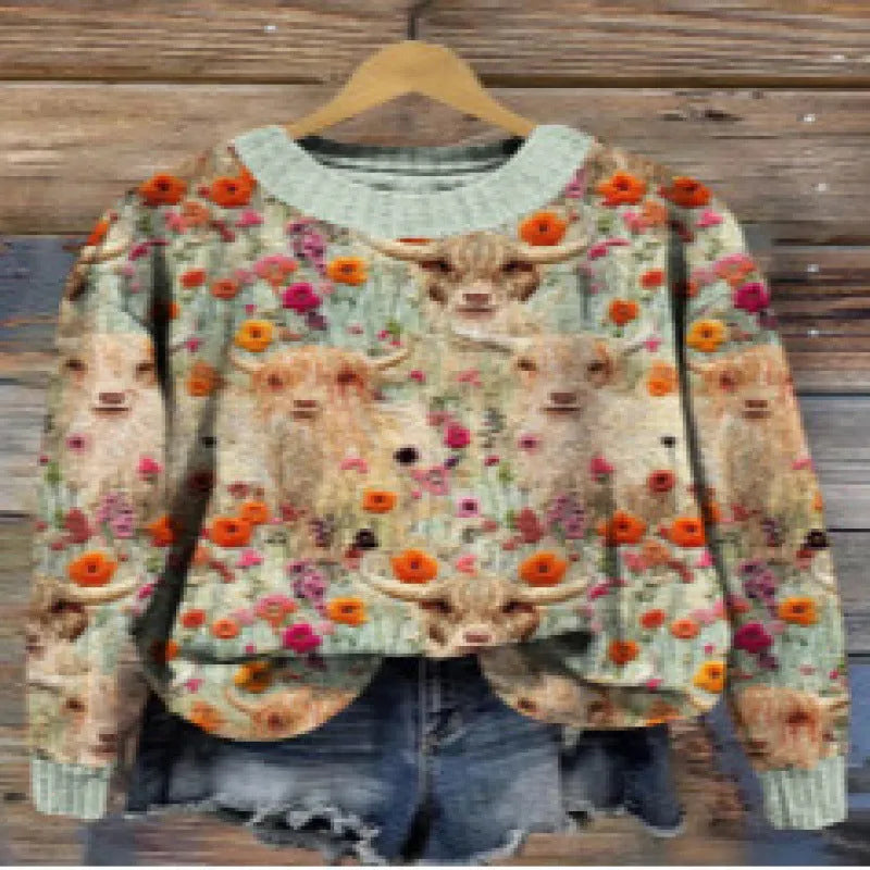 Women's little flower digital print round neck long sleeve sweater in a blue colour variant.