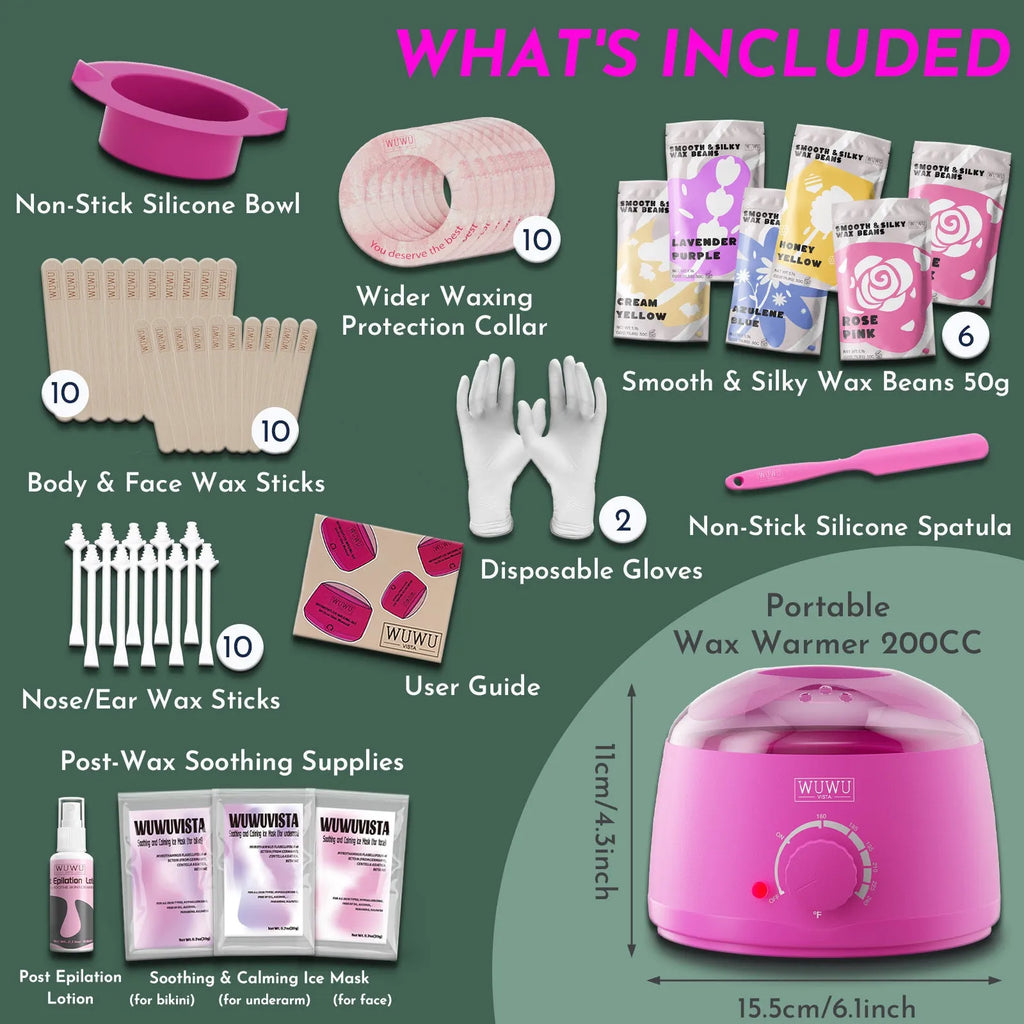 WUWUVISTA 56-piece professional waxing kit with wax warmer, coloured wax beads, applicators, and aftercare products.