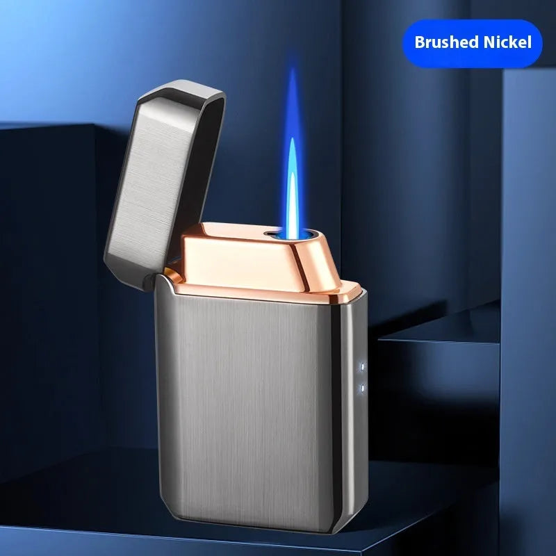 Voice-controlled Blow-and-blow Ignition Torch Lighter with Metal Construction, Wind Resistance, Available in Black Ice, Gold Brushed, Blue Ice, Nickel Brushed, Silver Brushed, HT-2303 Gift Box Set for Everyday Use