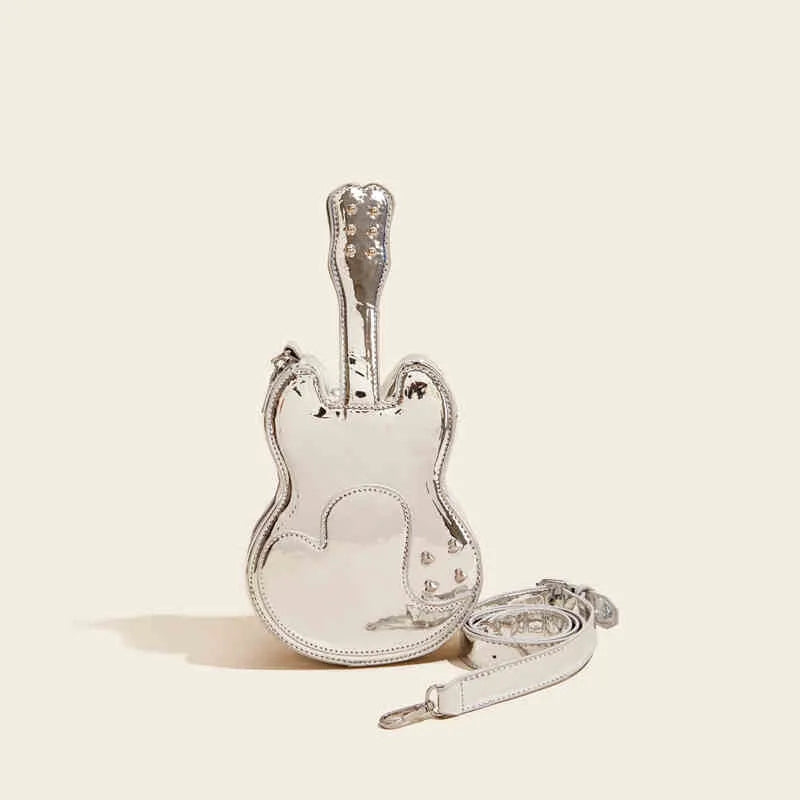 Guitar creative arts design on a black PU leather crossbody shoulder bag with adjustable strap.