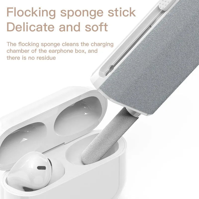 5-in-1 digital cleaning pen with flocking sponge, brush, and metal tip for phones and earphones.