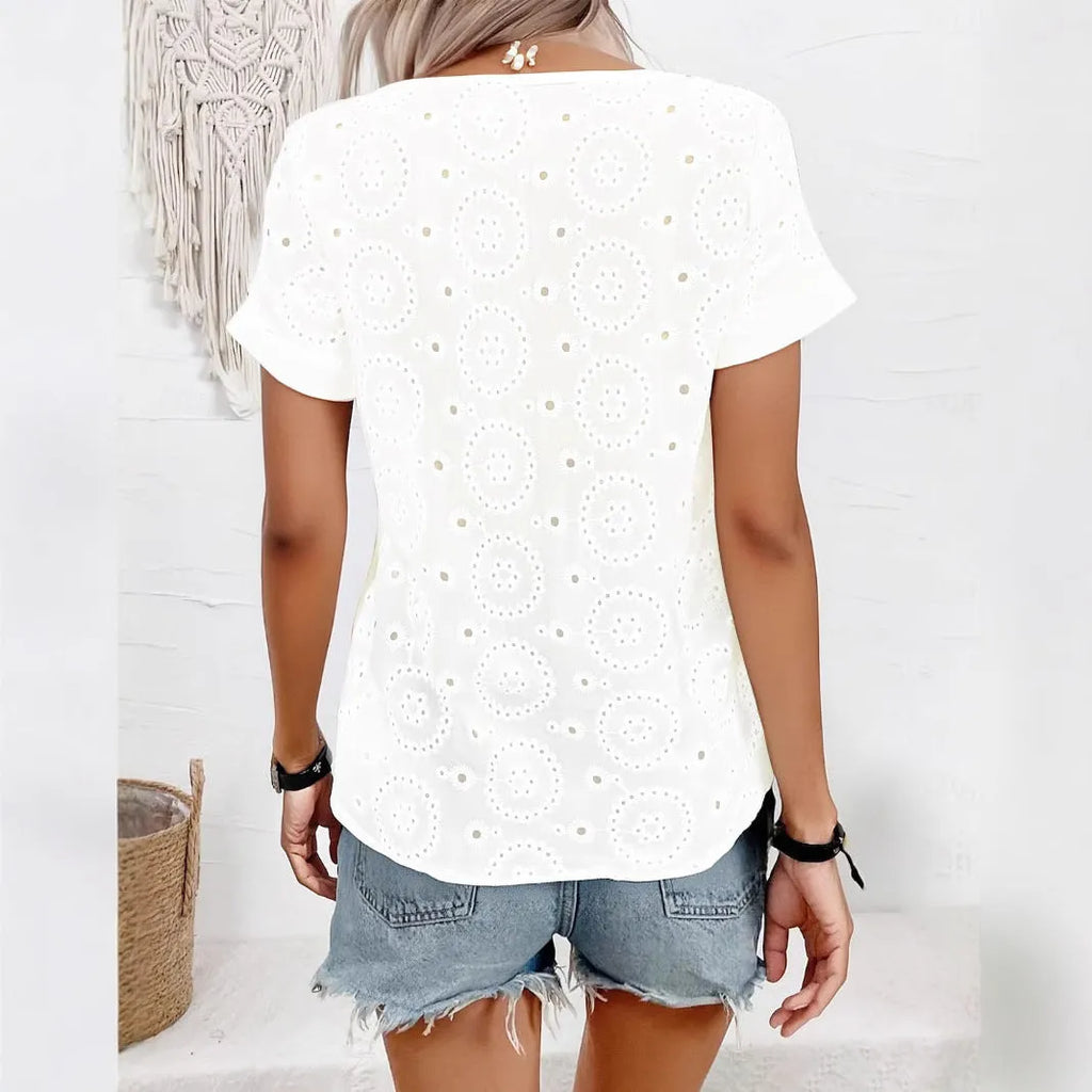 White V-neck t-shirt with hollow French style details and loose casual fit