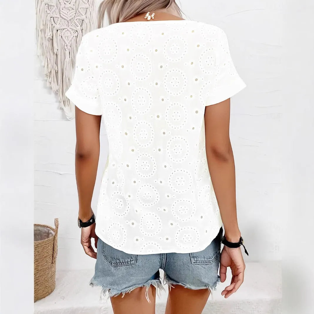 White V-neck t-shirt with hollow French style details and loose casual fit