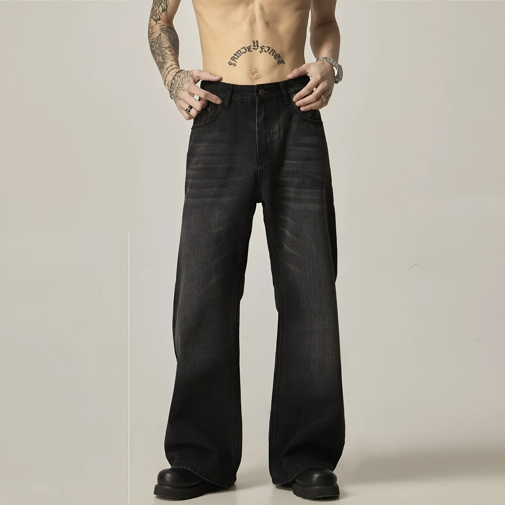 Black loose straight leg jeans with American retro styling and zipper fly front.